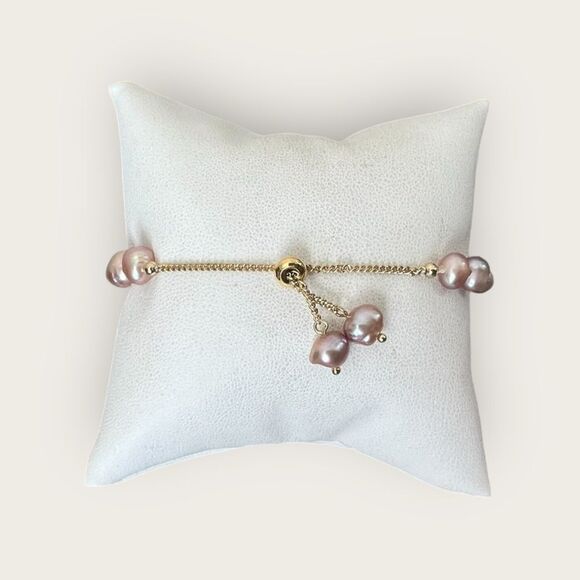 Pink faux pearls adjustable bracelet gold plated beads - Picture 5 of 5
